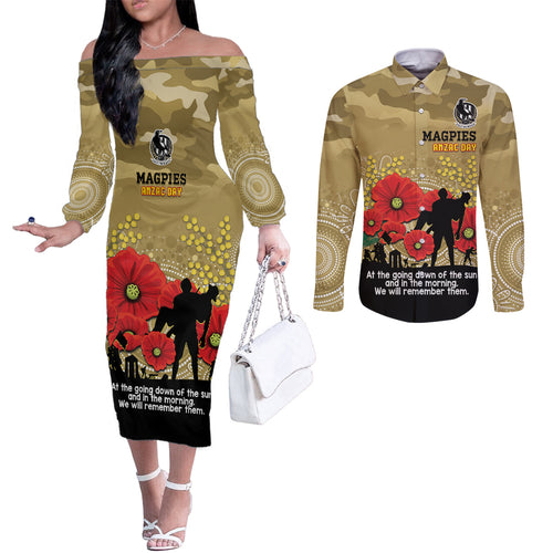 Custom Collingwood Football ANZAC Couples Matching Off The Shoulder Long Sleeve Dress and Long Sleeve Button Shirt Gallipoli Camouflage With Poppies