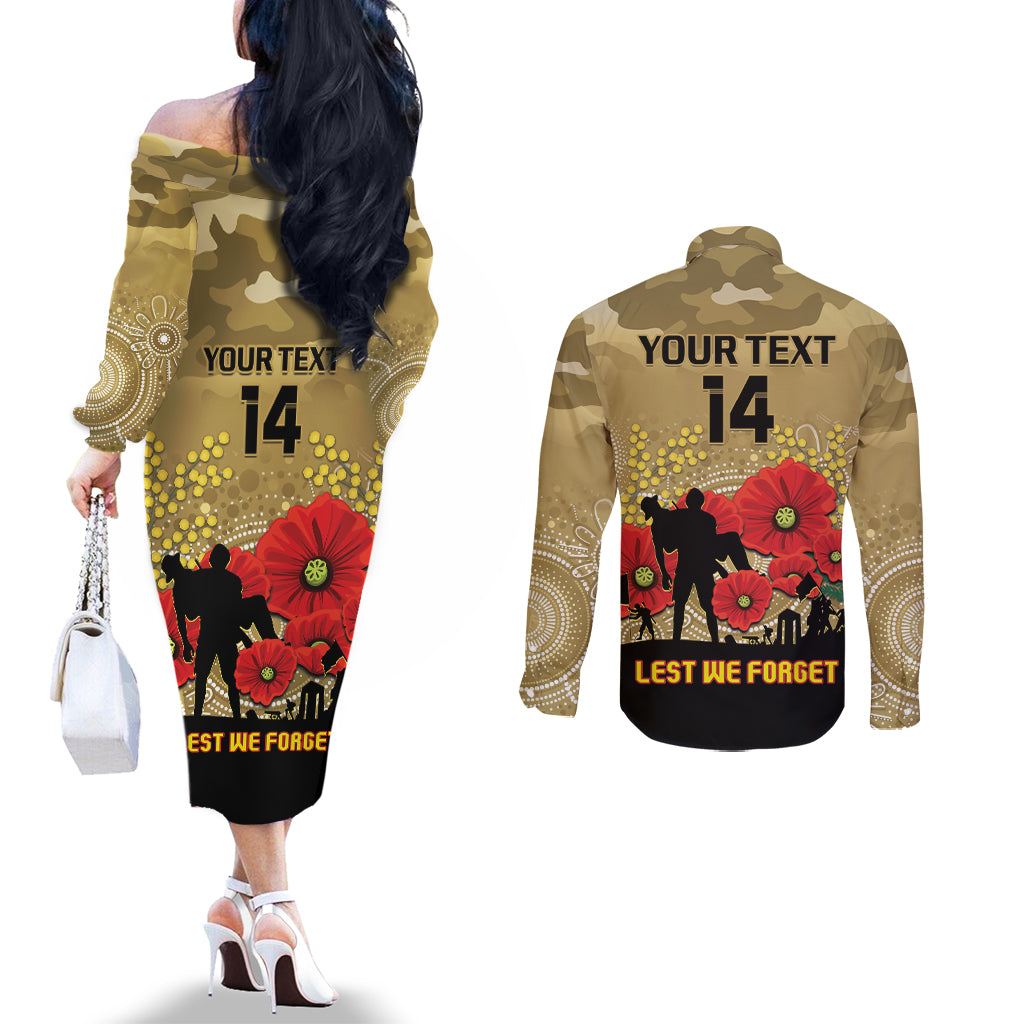 Custom Collingwood Football ANZAC Couples Matching Off The Shoulder Long Sleeve Dress and Long Sleeve Button Shirt Gallipoli Camouflage With Poppies