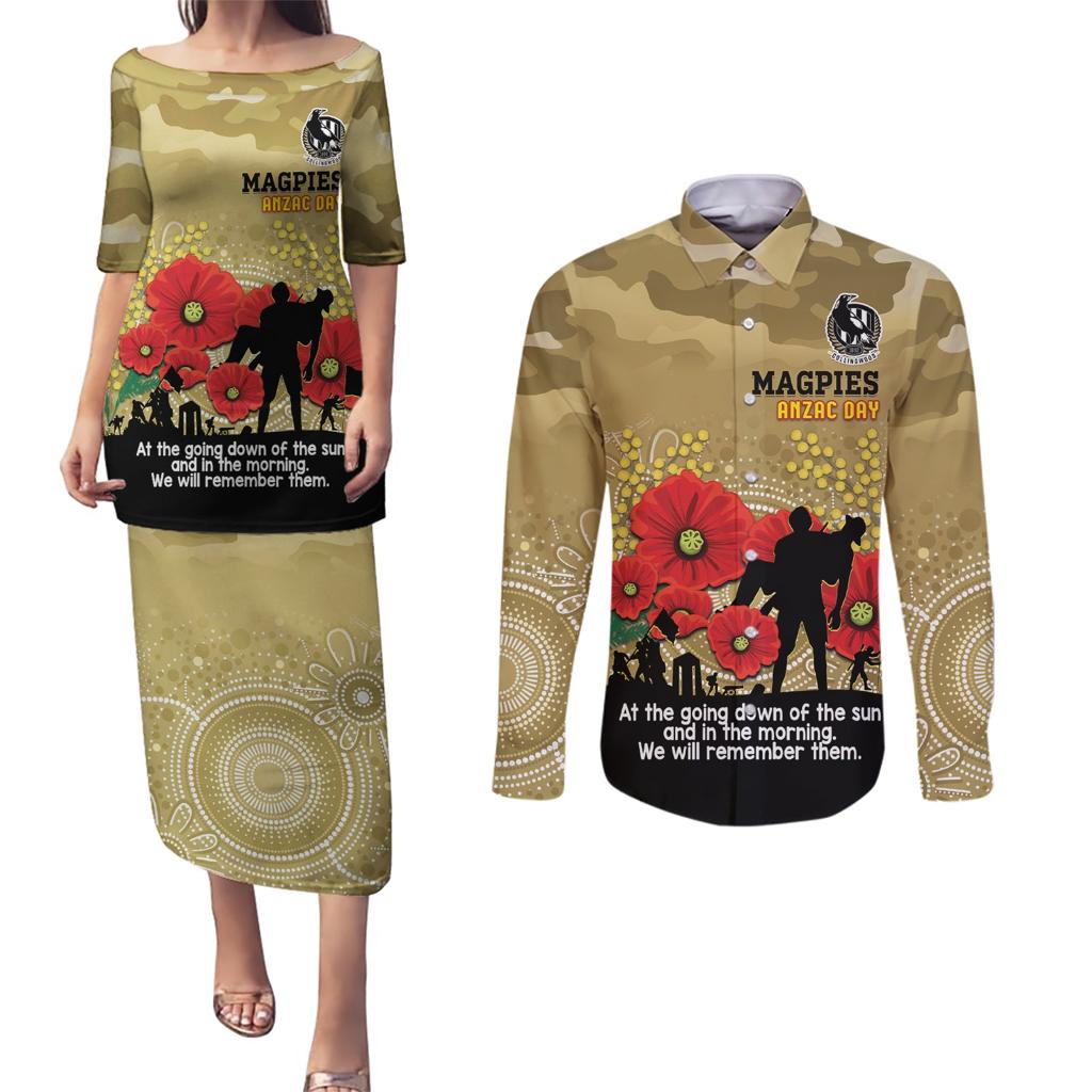 Custom Collingwood Football ANZAC Couples Matching Puletasi and Long Sleeve Button Shirt Gallipoli Camouflage With Poppies