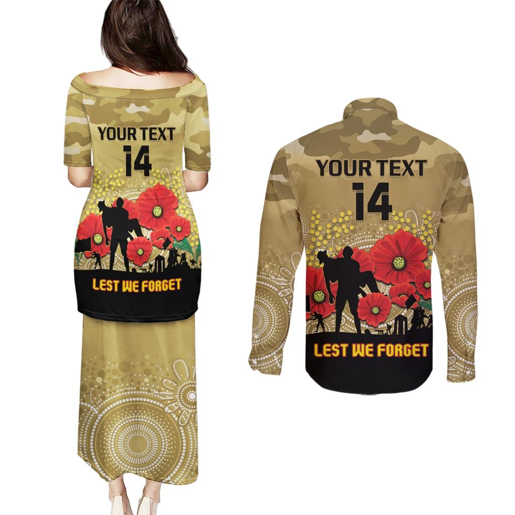 Custom Collingwood Football ANZAC Couples Matching Puletasi and Long Sleeve Button Shirt Gallipoli Camouflage With Poppies