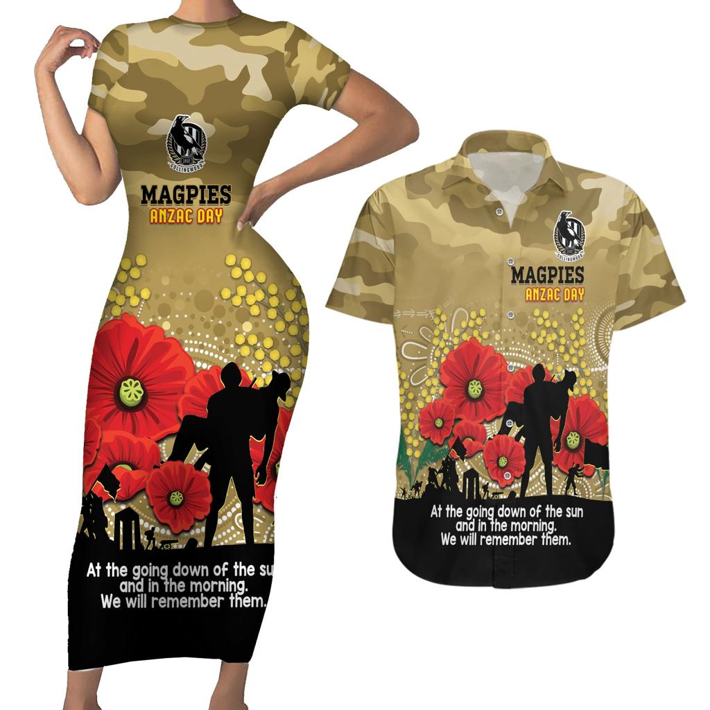 Custom Collingwood Football ANZAC Couples Matching Short Sleeve Bodycon Dress and Hawaiian Shirt Gallipoli Camouflage With Poppies