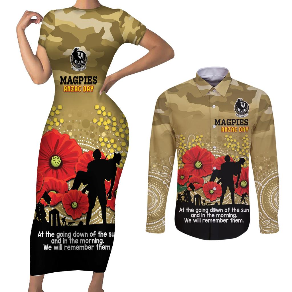 Custom Collingwood Football ANZAC Couples Matching Short Sleeve Bodycon Dress and Long Sleeve Button Shirt Gallipoli Camouflage With Poppies