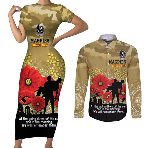 Custom Collingwood Football ANZAC Couples Matching Short Sleeve Bodycon Dress and Long Sleeve Button Shirt Gallipoli Camouflage With Poppies