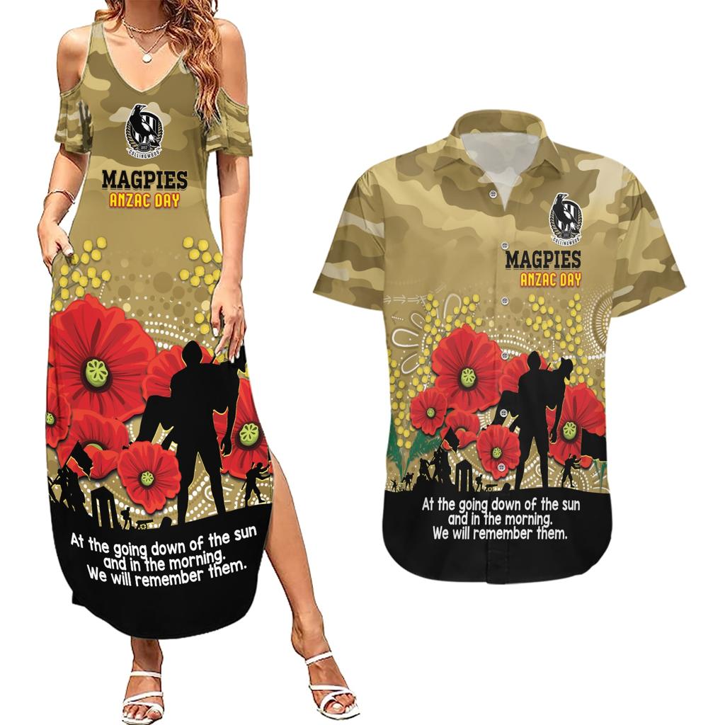 Custom Collingwood Football ANZAC Couples Matching Summer Maxi Dress and Hawaiian Shirt Gallipoli Camouflage With Poppies