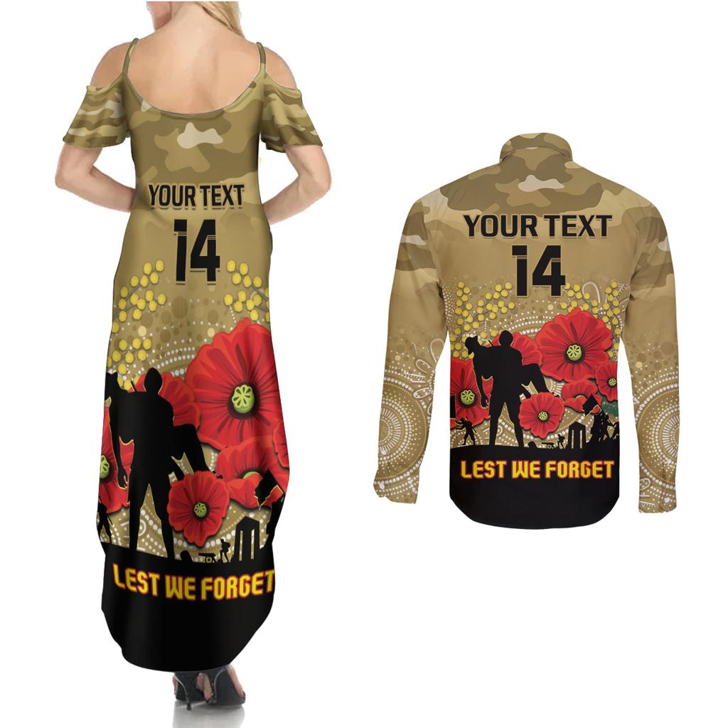Custom Collingwood Football ANZAC Couples Matching Summer Maxi Dress and Long Sleeve Button Shirt Gallipoli Camouflage With Poppies