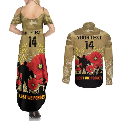 Custom Collingwood Football ANZAC Couples Matching Summer Maxi Dress and Long Sleeve Button Shirt Gallipoli Camouflage With Poppies