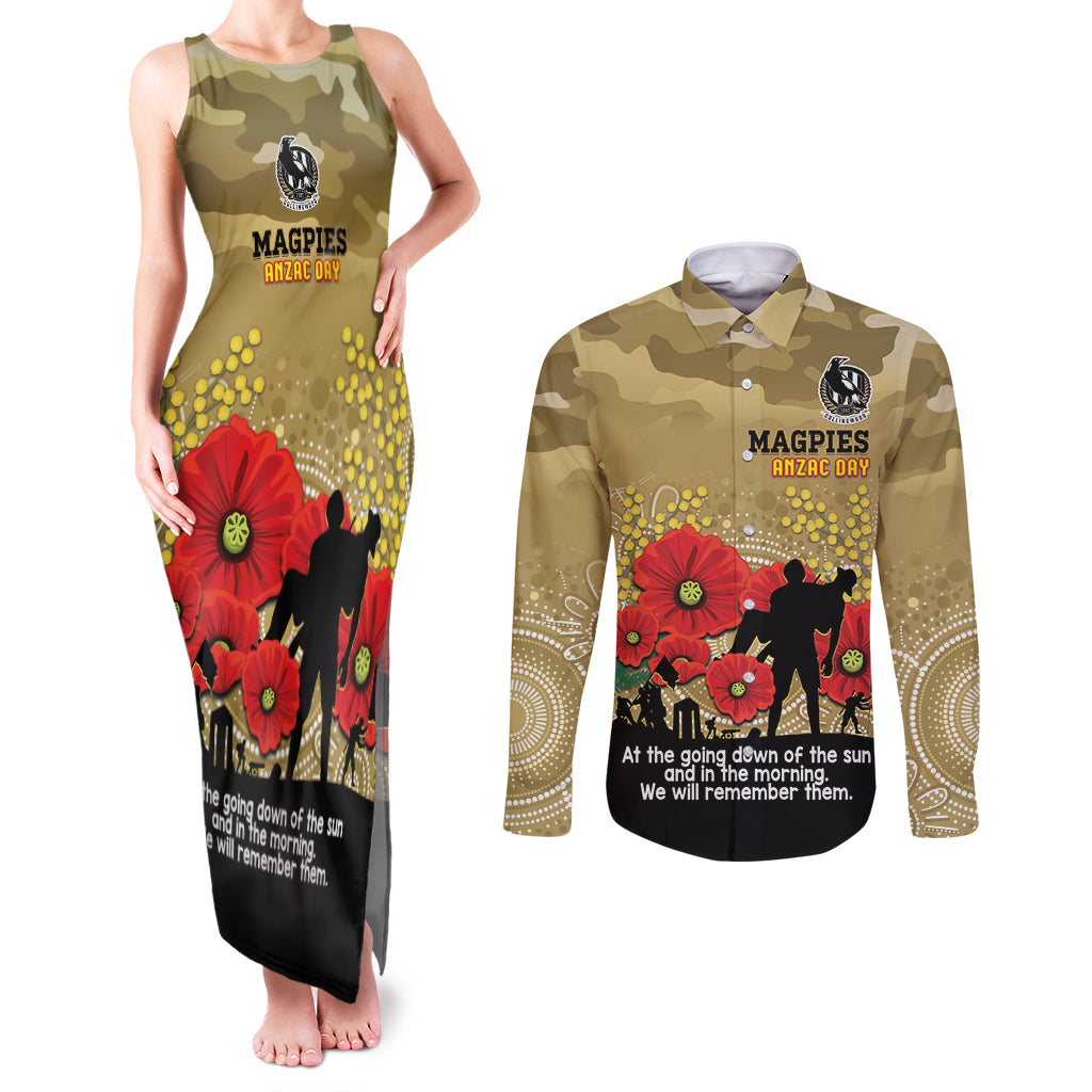 Custom Collingwood Football ANZAC Couples Matching Tank Maxi Dress and Long Sleeve Button Shirt Gallipoli Camouflage With Poppies