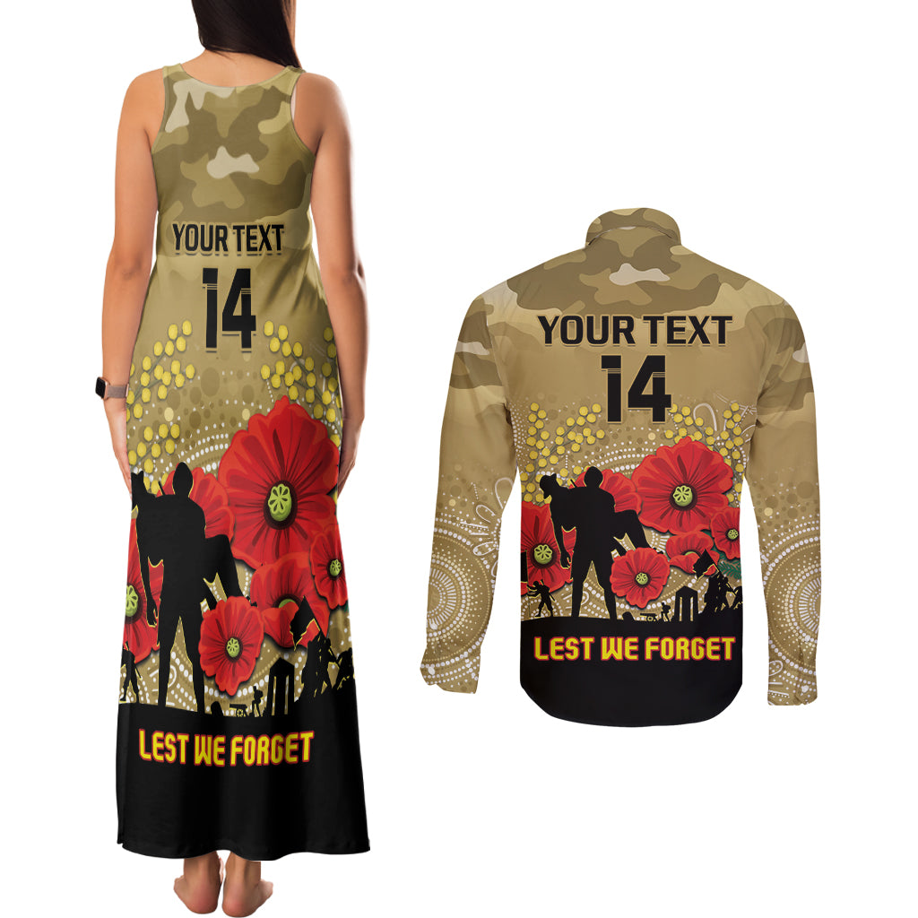 Custom Collingwood Football ANZAC Couples Matching Tank Maxi Dress and Long Sleeve Button Shirt Gallipoli Camouflage With Poppies