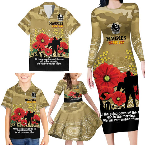 Custom Collingwood Football ANZAC Family Matching Long Sleeve Bodycon Dress and Hawaiian Shirt Gallipoli Camouflage With Poppies