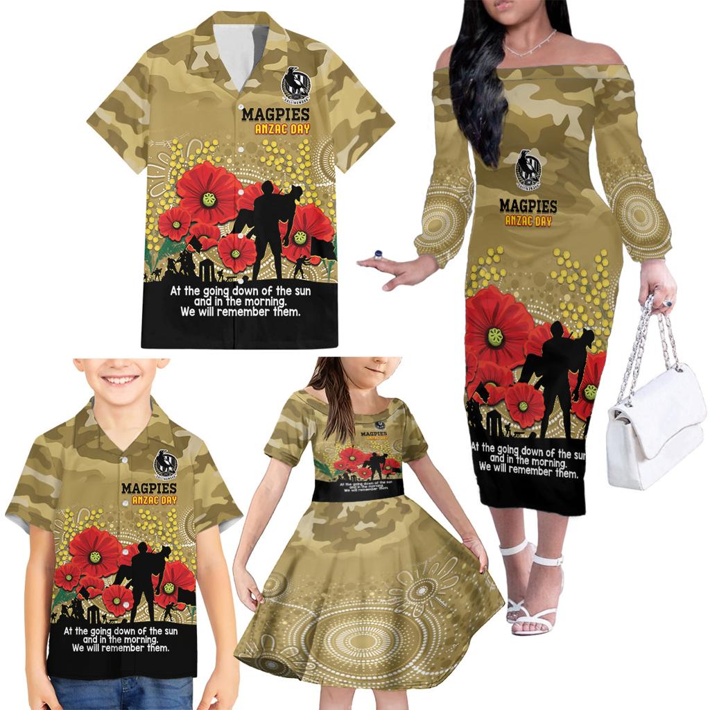 Custom Collingwood Football ANZAC Family Matching Off Shoulder Long Sleeve Dress and Hawaiian Shirt Gallipoli Camouflage With Poppies