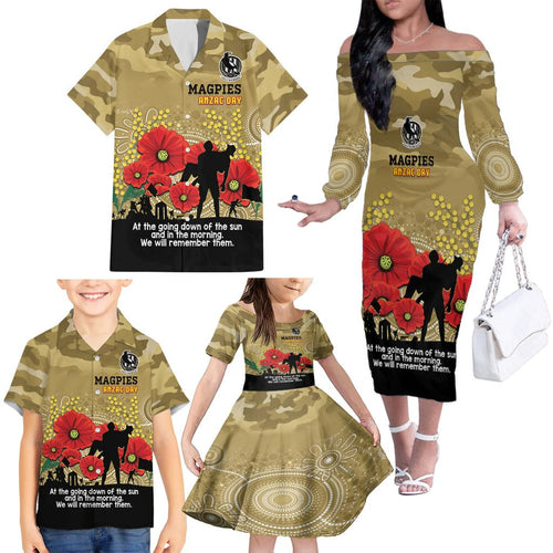 Custom Collingwood Football ANZAC Family Matching Off Shoulder Long Sleeve Dress and Hawaiian Shirt Gallipoli Camouflage With Poppies