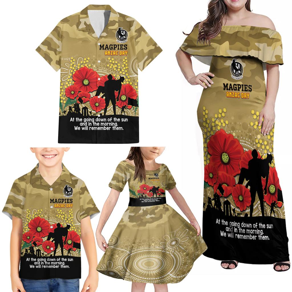 Custom Collingwood Football ANZAC Family Matching Off Shoulder Maxi Dress and Hawaiian Shirt Gallipoli Camouflage With Poppies