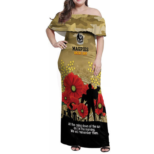 Custom Collingwood Football ANZAC Family Matching Off Shoulder Maxi Dress and Hawaiian Shirt Gallipoli Camouflage With Poppies