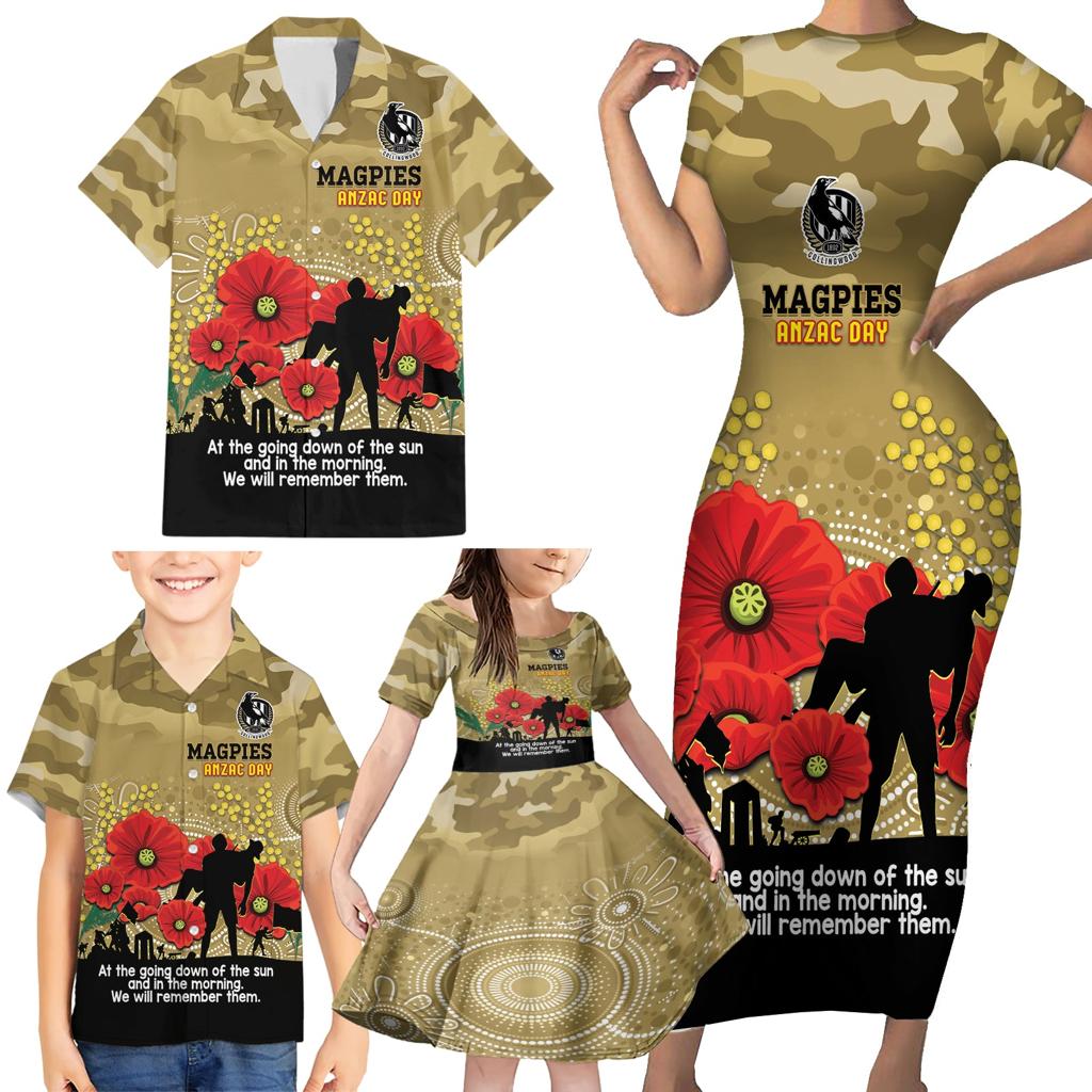 Custom Collingwood Football ANZAC Family Matching Short Sleeve Bodycon Dress and Hawaiian Shirt Gallipoli Camouflage With Poppies