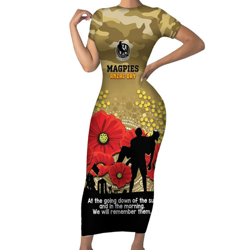 Custom Collingwood Football ANZAC Family Matching Short Sleeve Bodycon Dress and Hawaiian Shirt Gallipoli Camouflage With Poppies