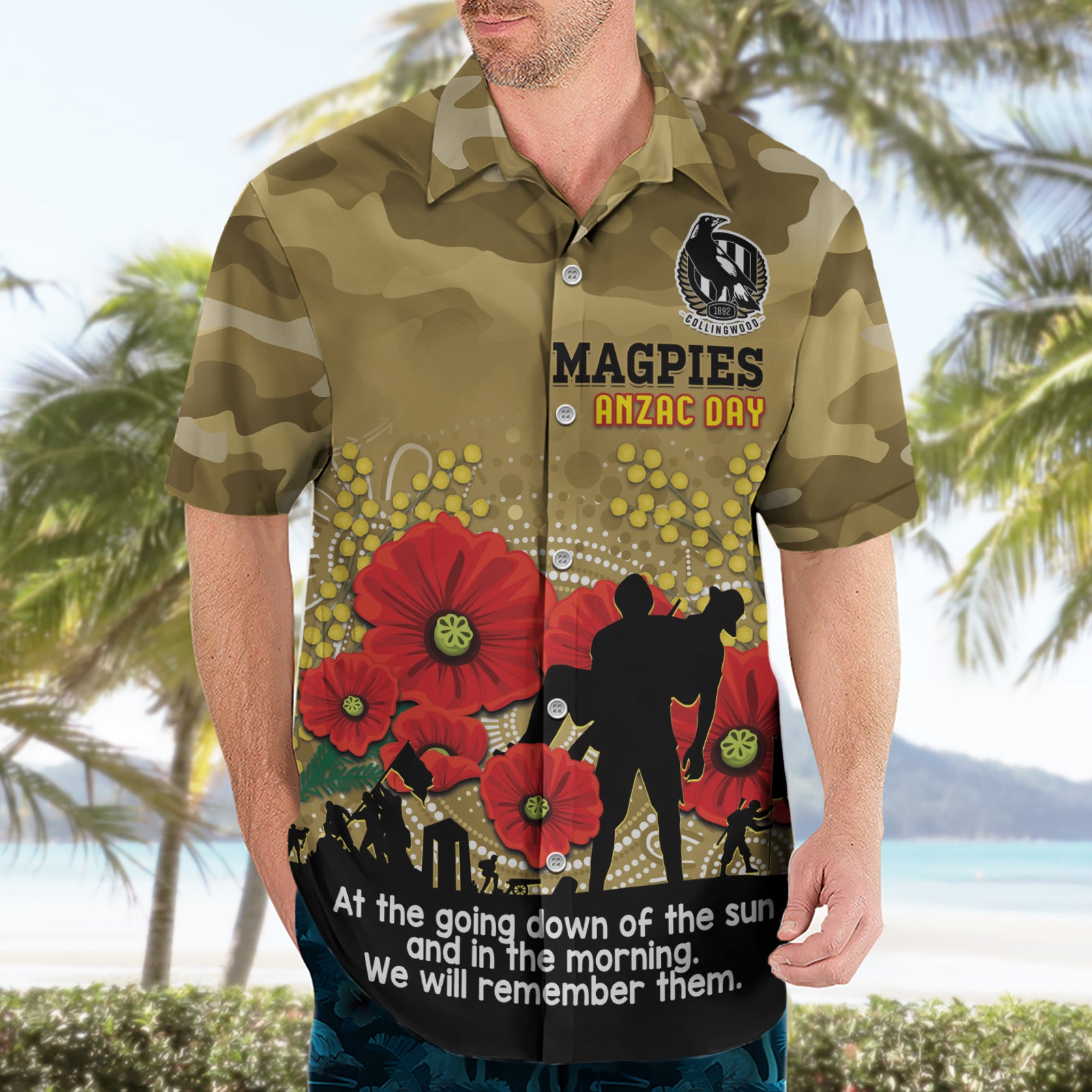 Custom Collingwood Football ANZAC Hawaiian Shirt Gallipoli Camouflage With Poppies