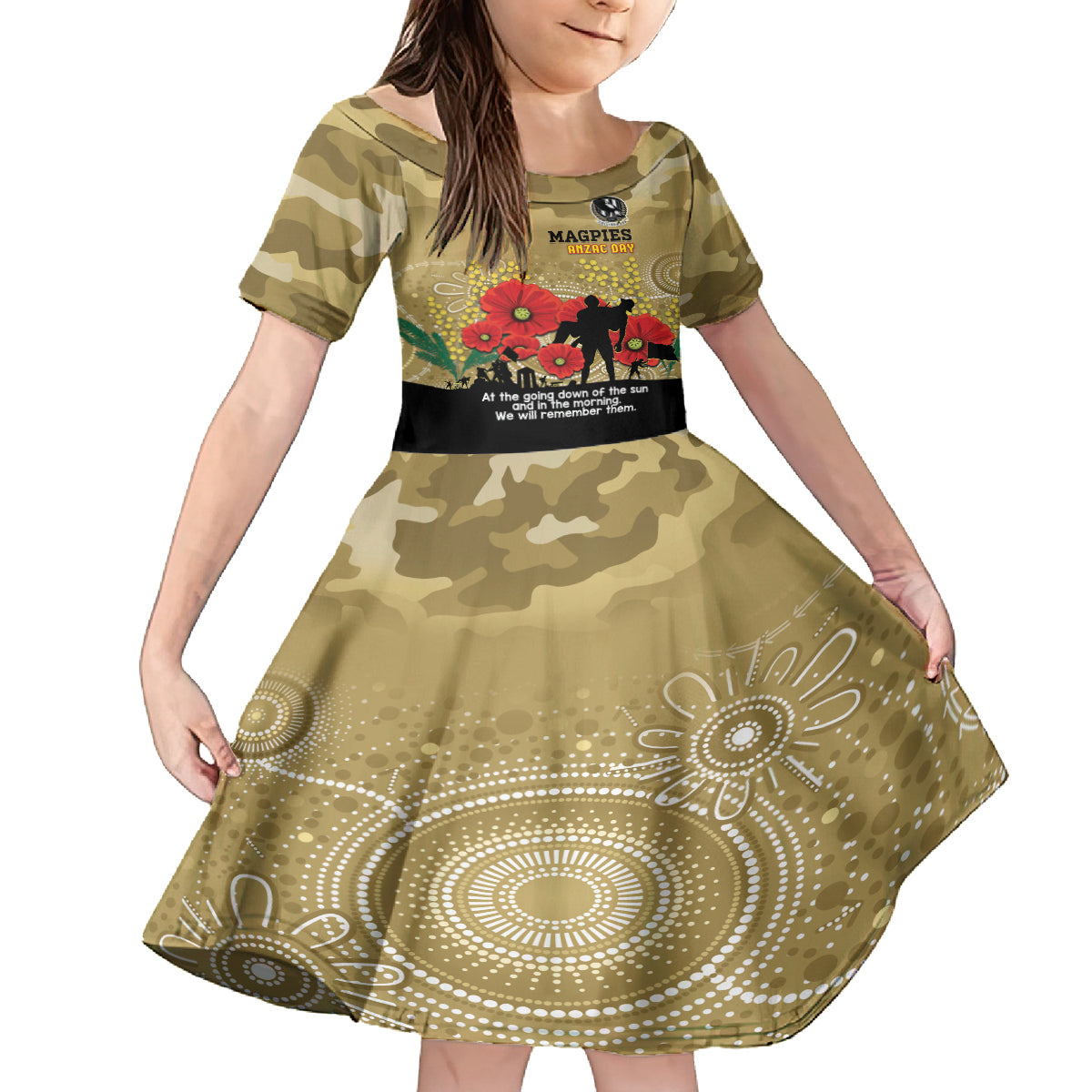 Custom Collingwood Football ANZAC Kid Short Sleeve Dress Gallipoli Camouflage With Poppies