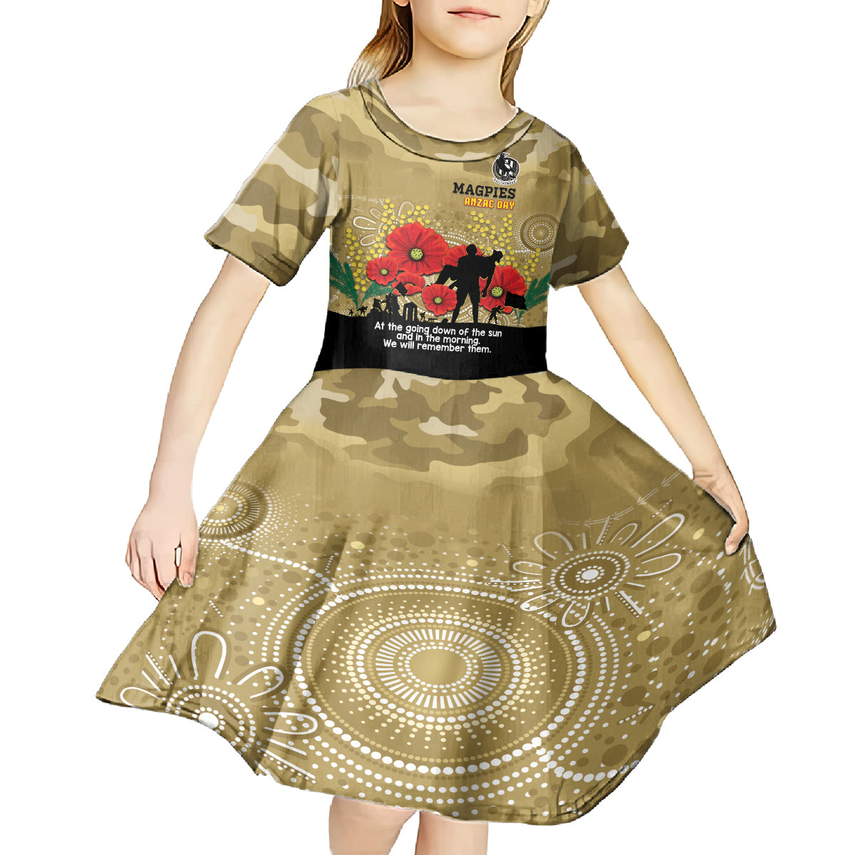 Custom Collingwood Football ANZAC Kid Short Sleeve Dress Gallipoli Camouflage With Poppies