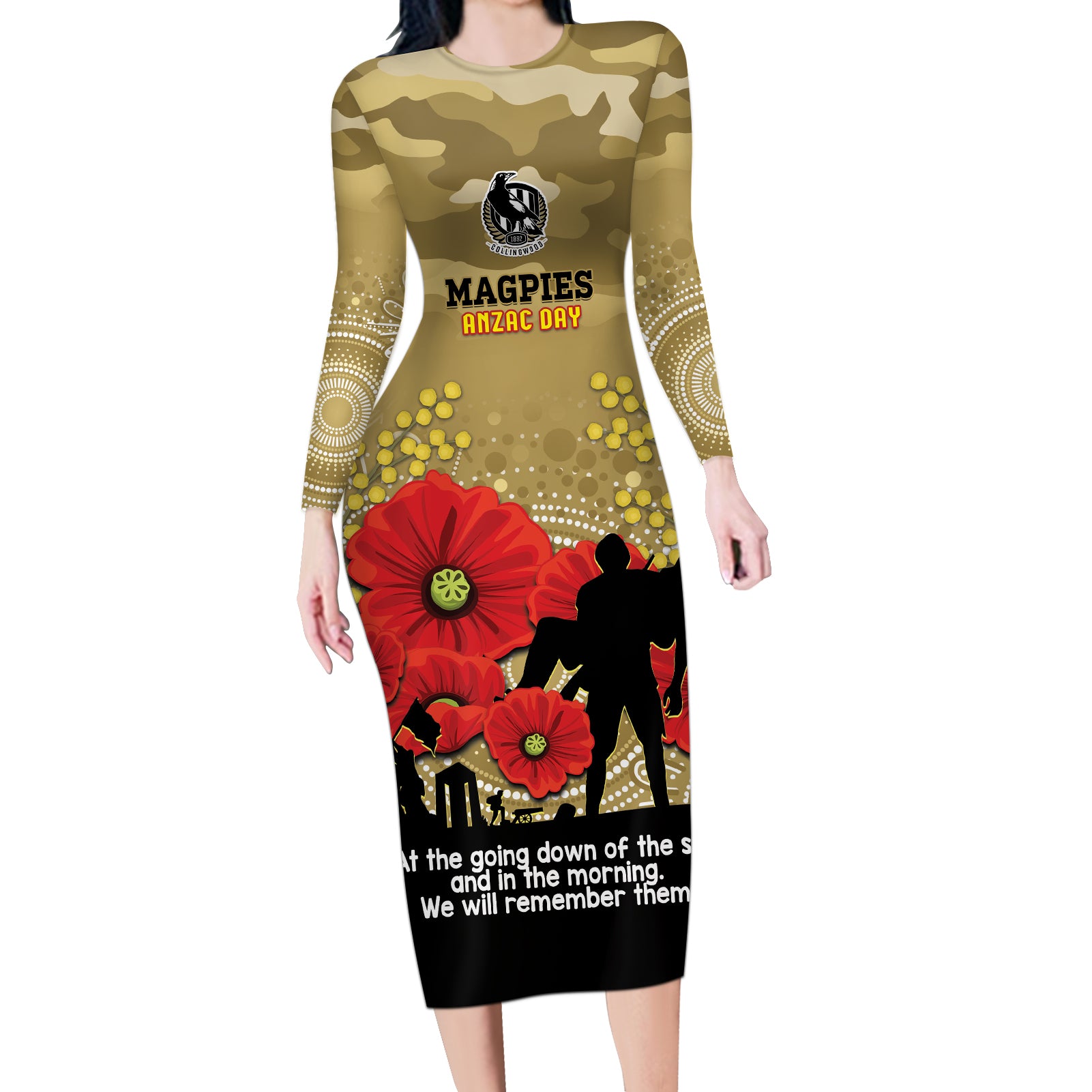Custom Collingwood Football ANZAC Long Sleeve Bodycon Dress Gallipoli Camouflage With Poppies
