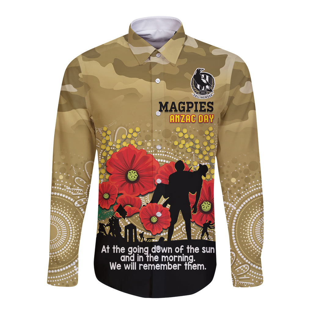Custom Collingwood Football ANZAC Long Sleeve Button Shirt Gallipoli Camouflage With Poppies