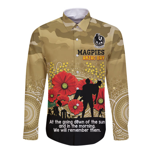 Custom Collingwood Football ANZAC Long Sleeve Button Shirt Gallipoli Camouflage With Poppies