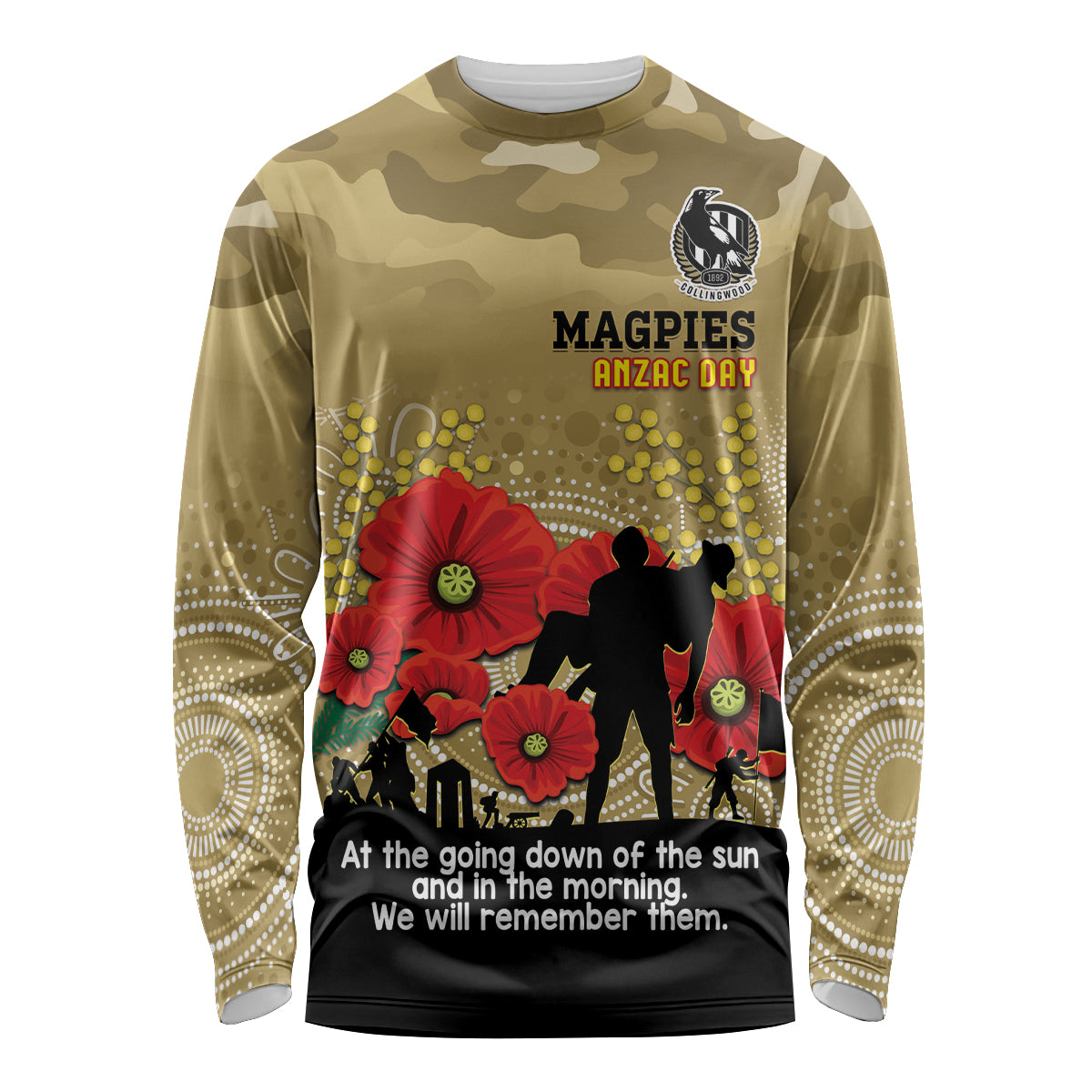 Custom Collingwood Football ANZAC Long Sleeve Shirt Gallipoli Camouflage With Poppies