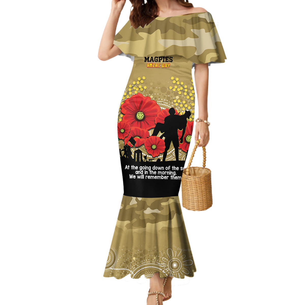 Custom Collingwood Football ANZAC Mermaid Dress Gallipoli Camouflage With Poppies