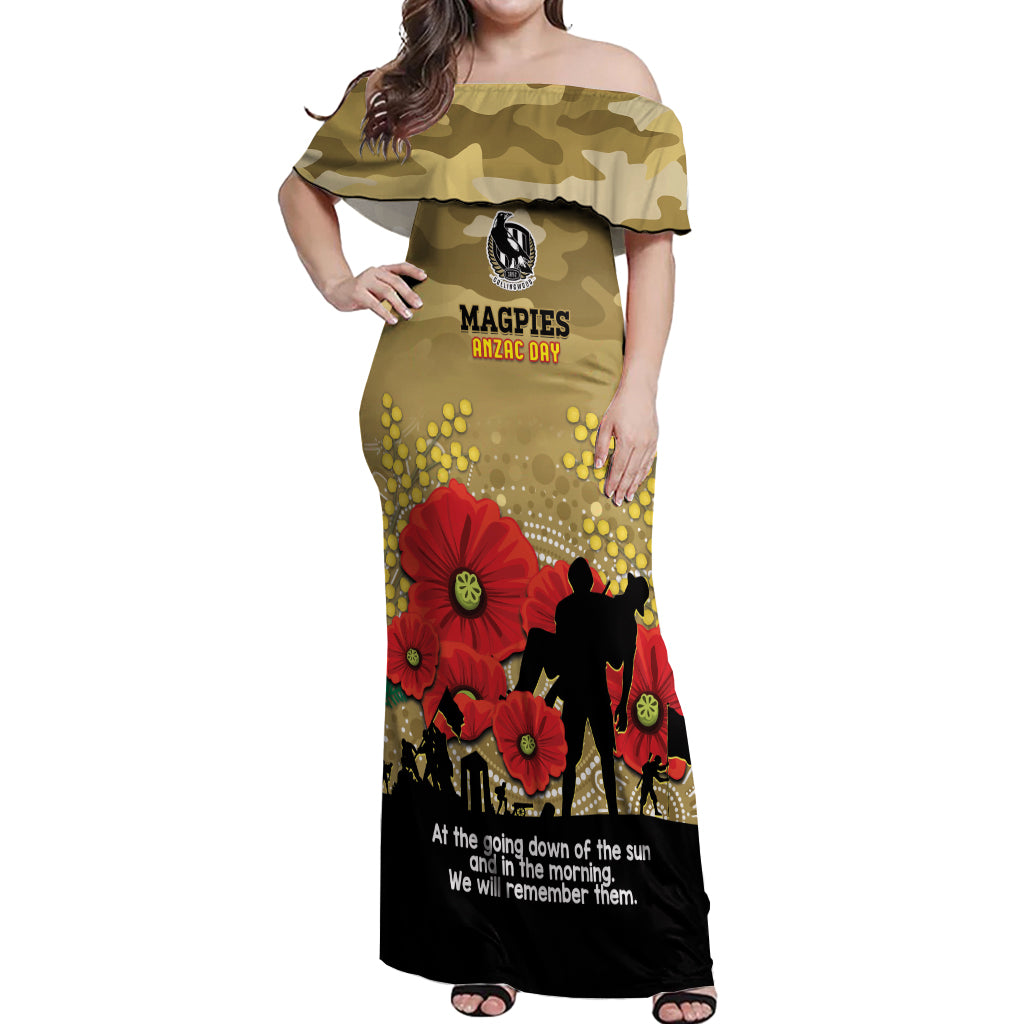Custom Collingwood Football ANZAC Off Shoulder Maxi Dress Gallipoli Camouflage With Poppies