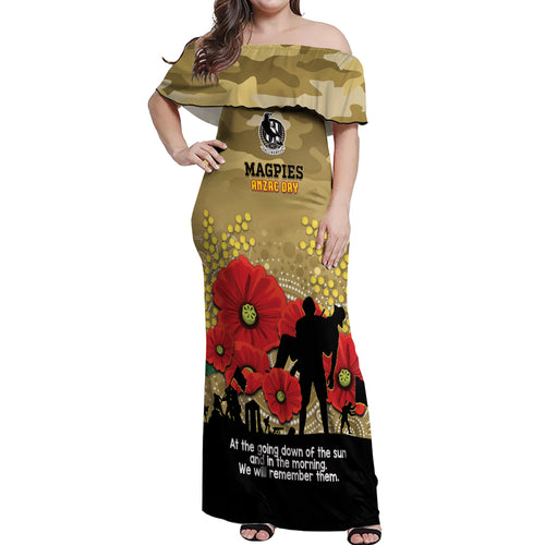 Custom Collingwood Football ANZAC Off Shoulder Maxi Dress Gallipoli Camouflage With Poppies