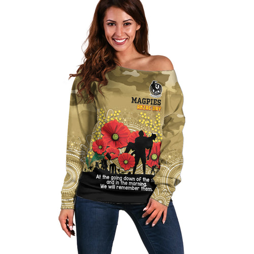 Custom Collingwood Football ANZAC Off Shoulder Sweater Gallipoli Camouflage With Poppies