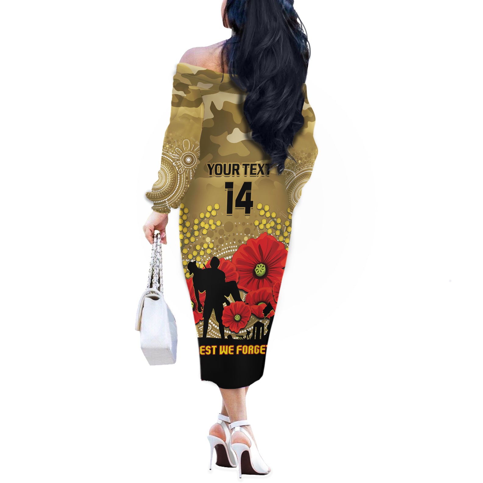 Custom Collingwood Football ANZAC Off The Shoulder Long Sleeve Dress Gallipoli Camouflage With Poppies