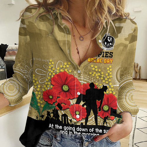 Custom Collingwood Football ANZAC Women Casual Shirt Gallipoli Camouflage With Poppies