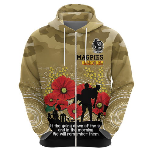 Custom Collingwood Football ANZAC Zip Hoodie Gallipoli Camouflage With Poppies