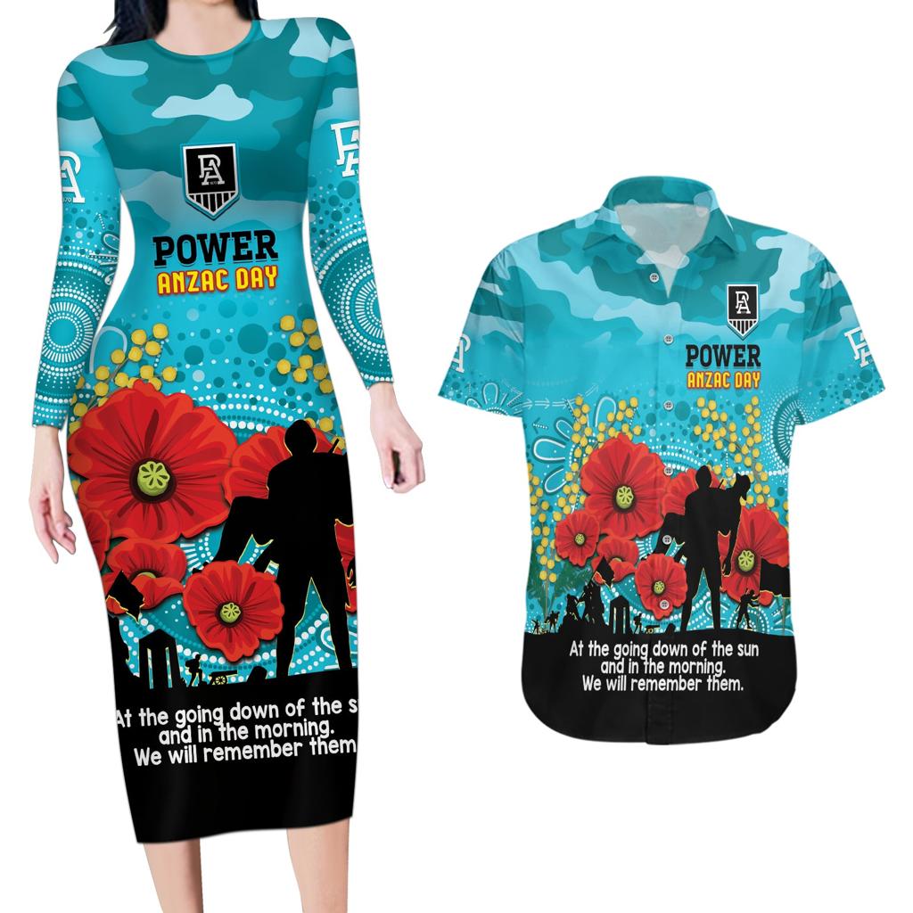 Custom Port Adelaide Football ANZAC Couples Matching Long Sleeve Bodycon Dress and Hawaiian Shirt Gallipoli Camouflage With Poppies