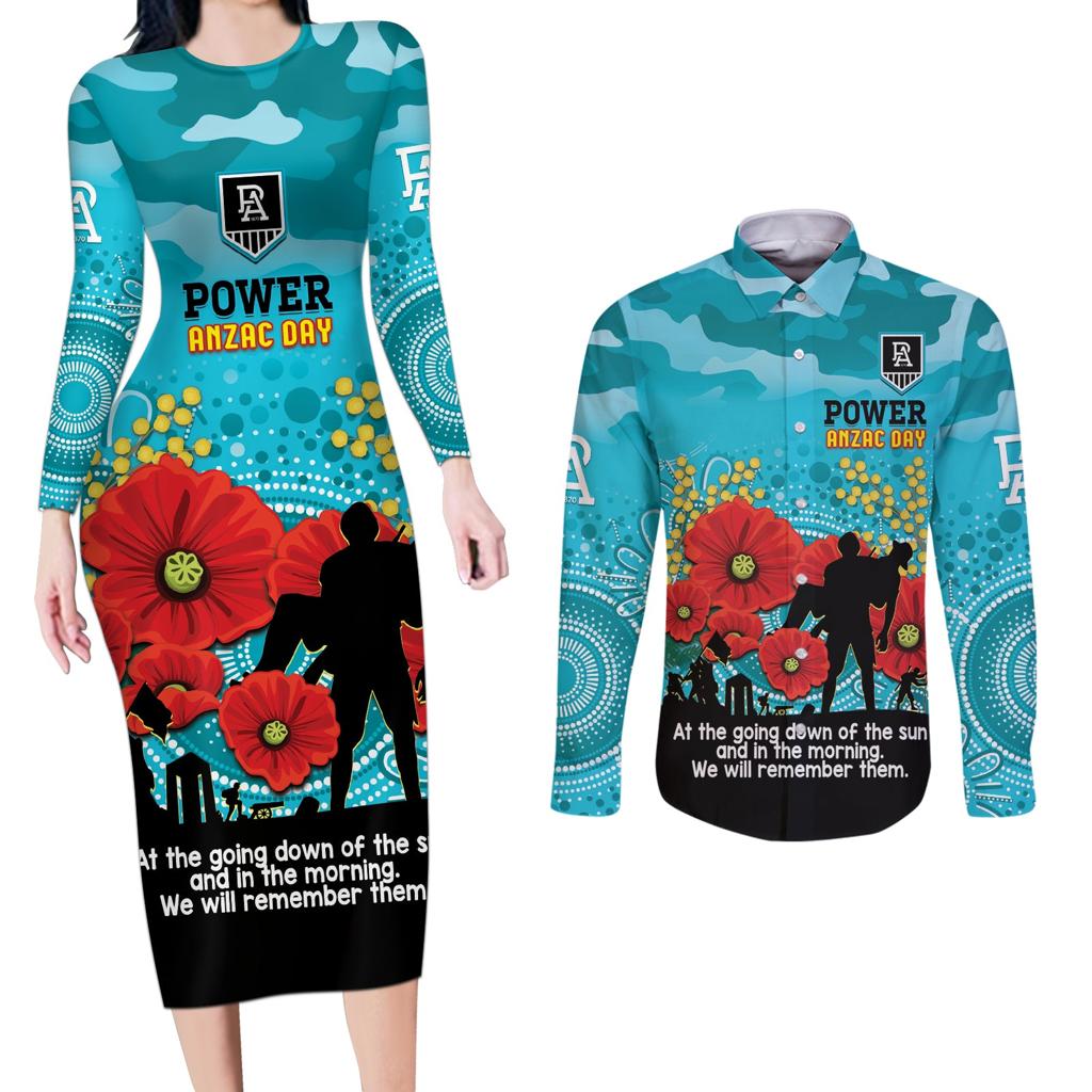 Custom Port Adelaide Football ANZAC Couples Matching Long Sleeve Bodycon Dress and Long Sleeve Button Shirt Gallipoli Camouflage With Poppies