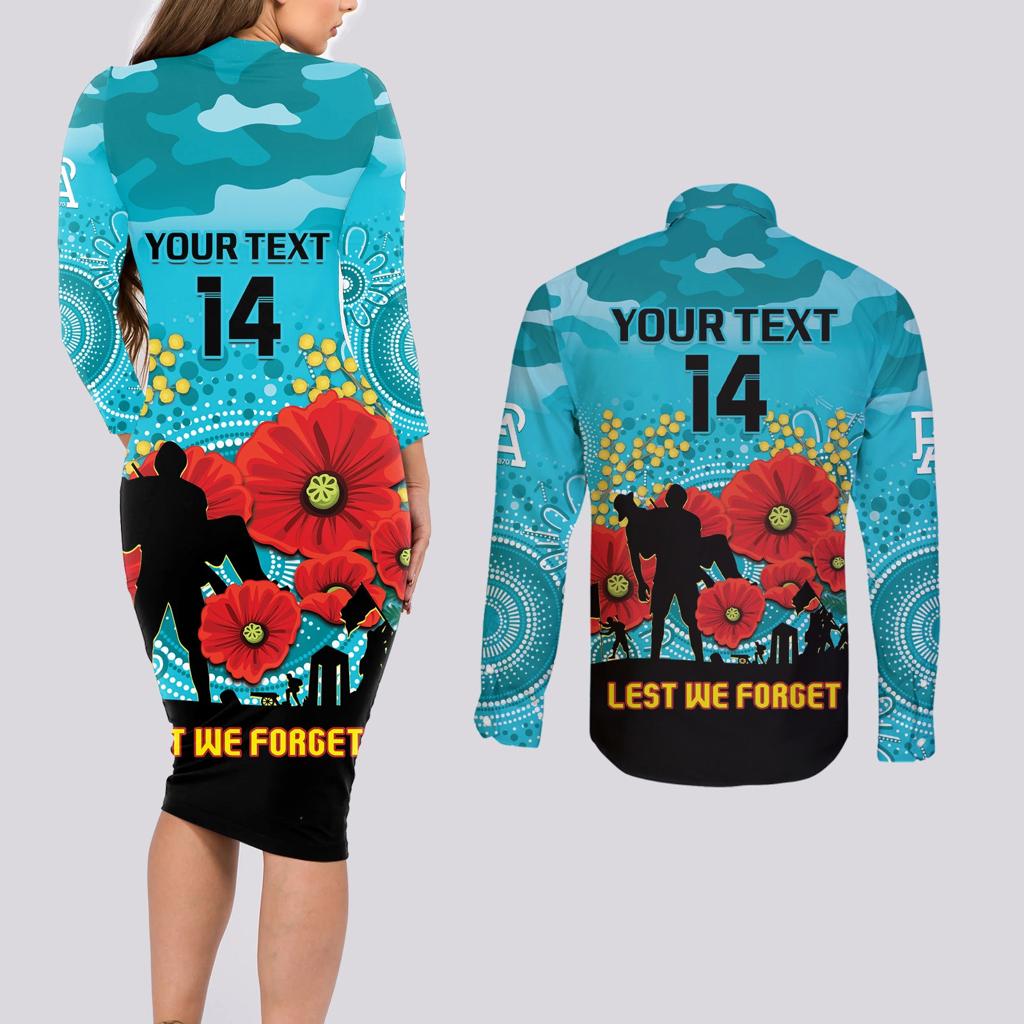 Custom Port Adelaide Football ANZAC Couples Matching Long Sleeve Bodycon Dress and Long Sleeve Button Shirt Gallipoli Camouflage With Poppies