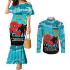 Custom Port Adelaide Football ANZAC Couples Matching Mermaid Dress and Long Sleeve Button Shirt Gallipoli Camouflage With Poppies