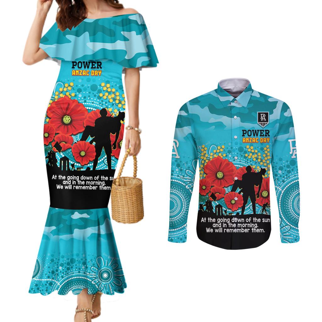 Custom Port Adelaide Football ANZAC Couples Matching Mermaid Dress and Long Sleeve Button Shirt Gallipoli Camouflage With Poppies