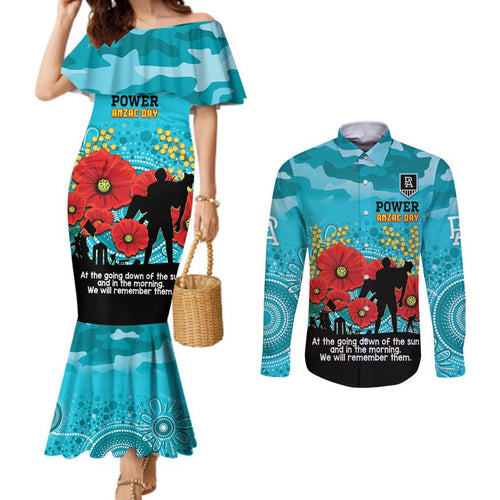Custom Port Adelaide Football ANZAC Couples Matching Mermaid Dress and Long Sleeve Button Shirt Gallipoli Camouflage With Poppies