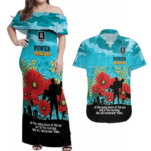 Custom Port Adelaide Football ANZAC Couples Matching Off Shoulder Maxi Dress and Hawaiian Shirt Gallipoli Camouflage With Poppies
