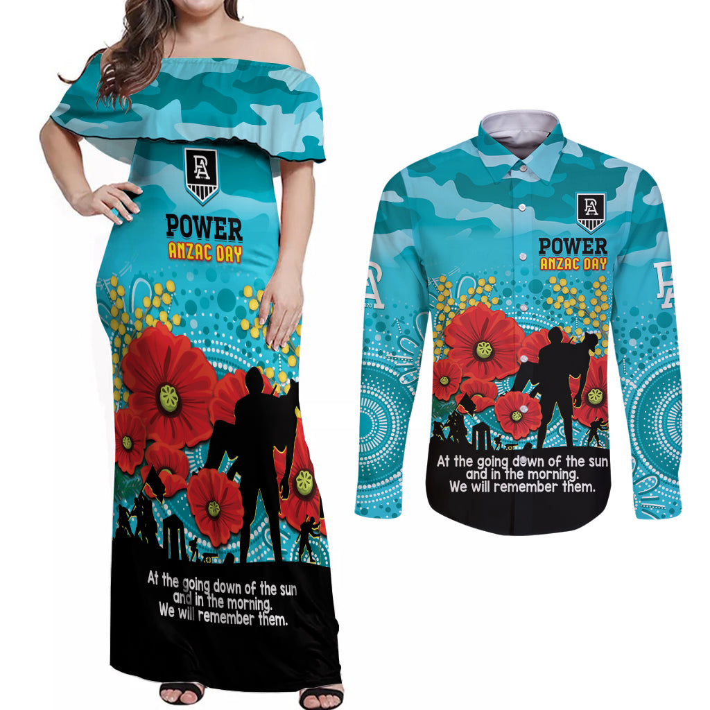 Custom Port Adelaide Football ANZAC Couples Matching Off Shoulder Maxi Dress and Long Sleeve Button Shirt Gallipoli Camouflage With Poppies
