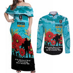 Custom Port Adelaide Football ANZAC Couples Matching Off Shoulder Maxi Dress and Long Sleeve Button Shirt Gallipoli Camouflage With Poppies