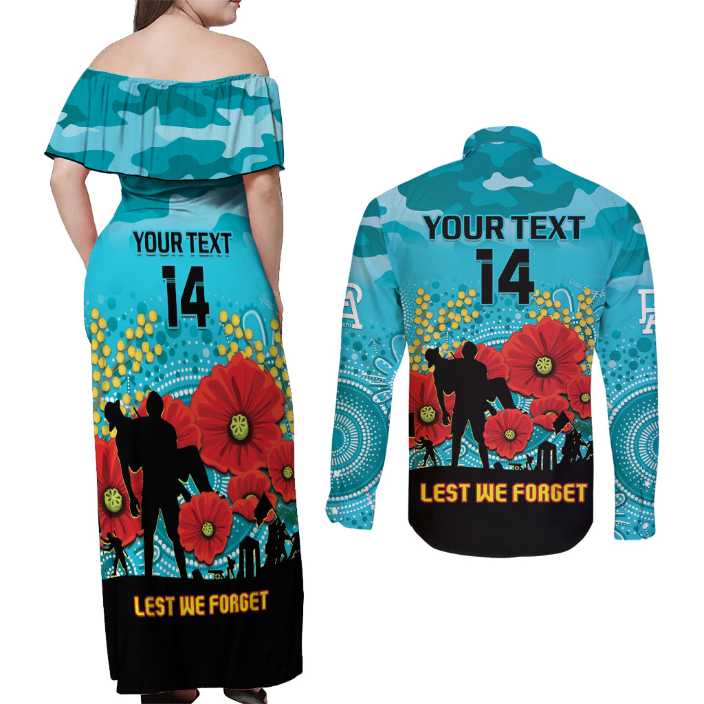 Custom Port Adelaide Football ANZAC Couples Matching Off Shoulder Maxi Dress and Long Sleeve Button Shirt Gallipoli Camouflage With Poppies