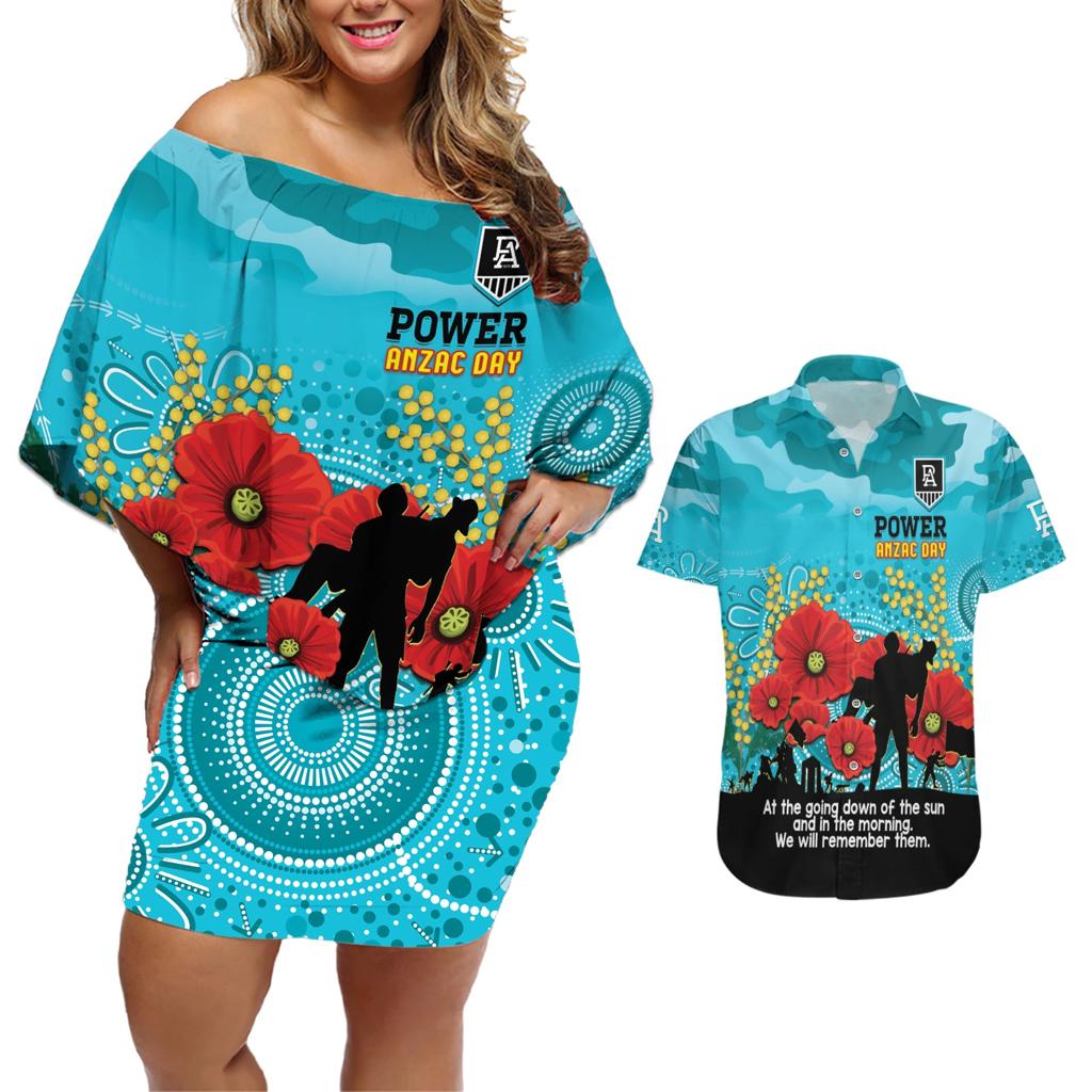 Custom Port Adelaide Football ANZAC Couples Matching Off Shoulder Short Dress and Hawaiian Shirt Gallipoli Camouflage With Poppies