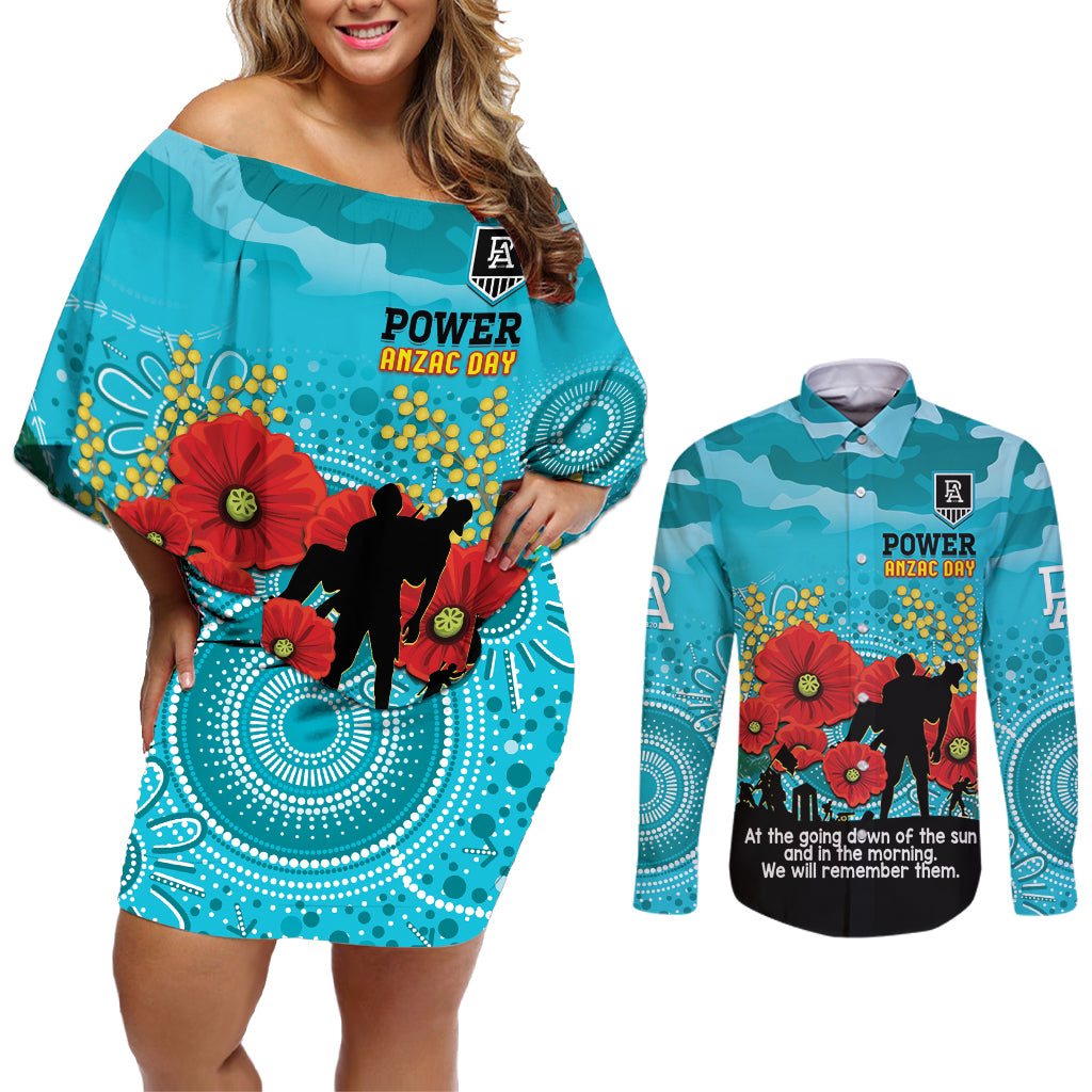 Custom Port Adelaide Football ANZAC Couples Matching Off Shoulder Short Dress and Long Sleeve Button Shirt Gallipoli Camouflage With Poppies