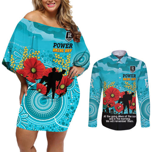Custom Port Adelaide Football ANZAC Couples Matching Off Shoulder Short Dress and Long Sleeve Button Shirt Gallipoli Camouflage With Poppies