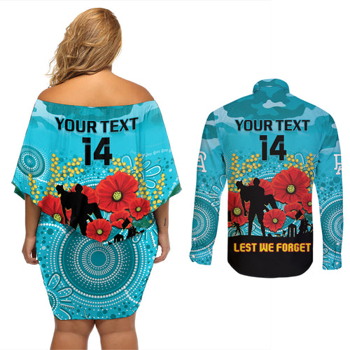 Custom Port Adelaide Football ANZAC Couples Matching Off Shoulder Short Dress and Long Sleeve Button Shirt Gallipoli Camouflage With Poppies