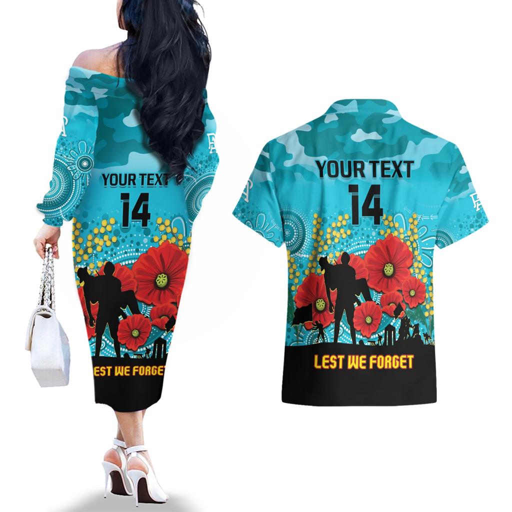 Custom Port Adelaide Football ANZAC Couples Matching Off The Shoulder Long Sleeve Dress and Hawaiian Shirt Gallipoli Camouflage With Poppies