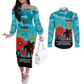 Custom Port Adelaide Football ANZAC Couples Matching Off The Shoulder Long Sleeve Dress and Long Sleeve Button Shirt Gallipoli Camouflage With Poppies