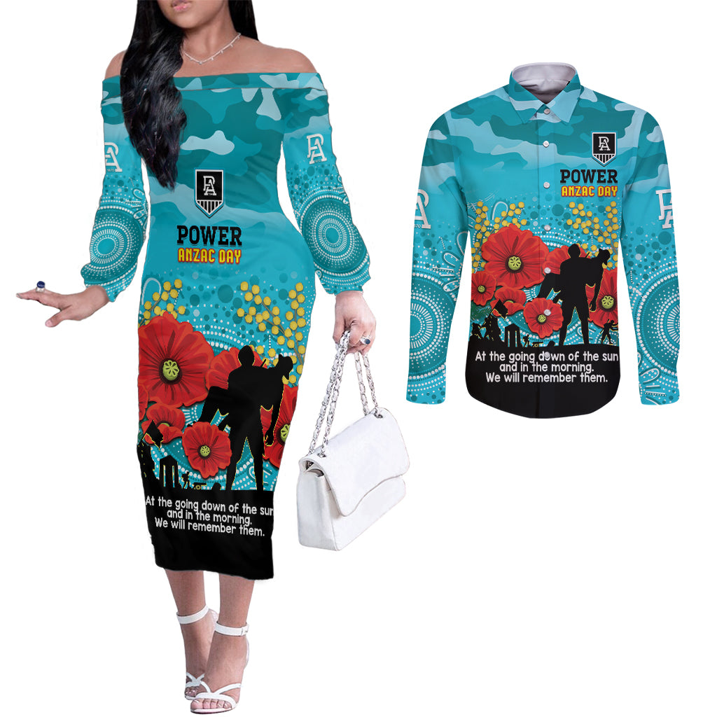 Custom Port Adelaide Football ANZAC Couples Matching Off The Shoulder Long Sleeve Dress and Long Sleeve Button Shirt Gallipoli Camouflage With Poppies